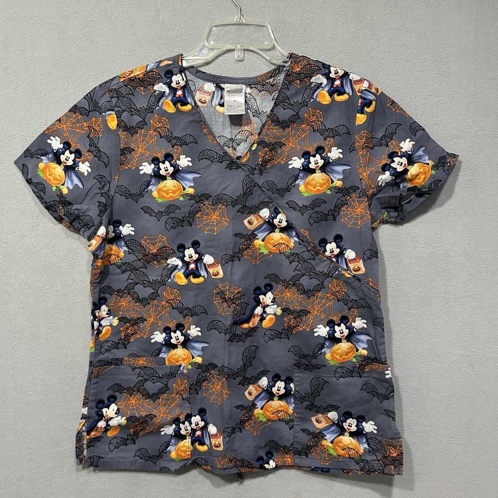 Disney Halloween Scrub‎ Top womens Medium Mickey Mouse Bats Pumpkins Vampire